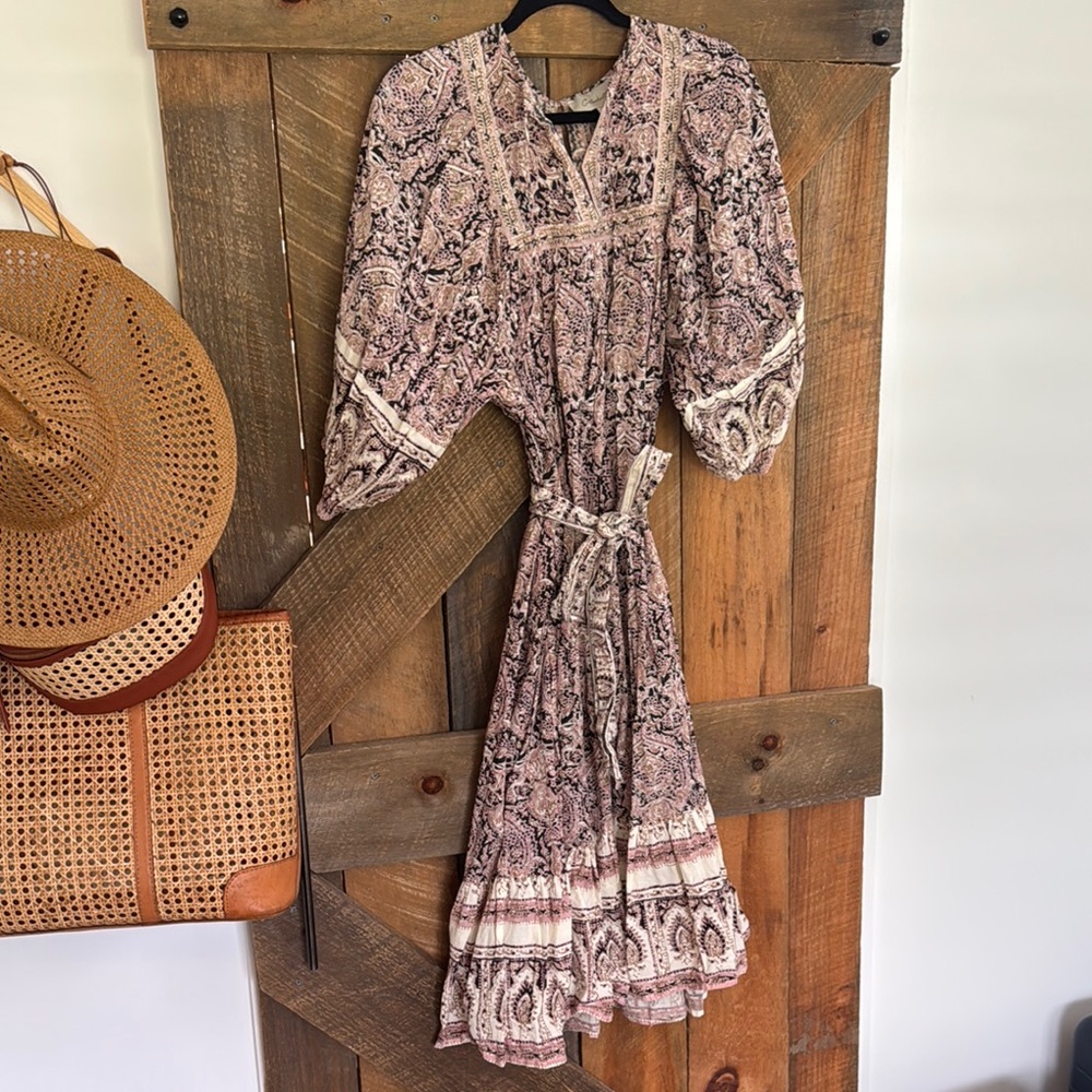 Abella Brown and White Sundress with 3/4 Bishop Sleeves